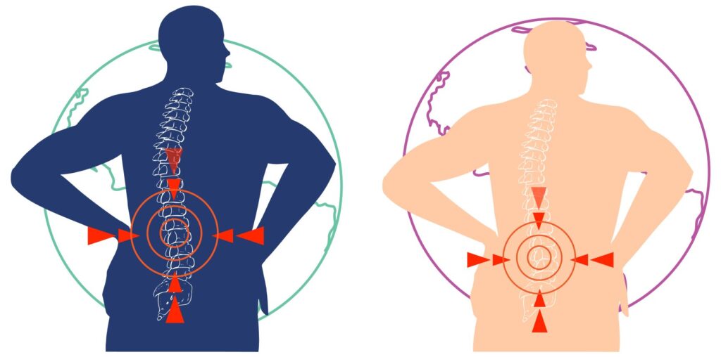 Exercises for Back Pain Relief | illustration of a male and female figure with back pain highlighted in red, showing the location of the pain